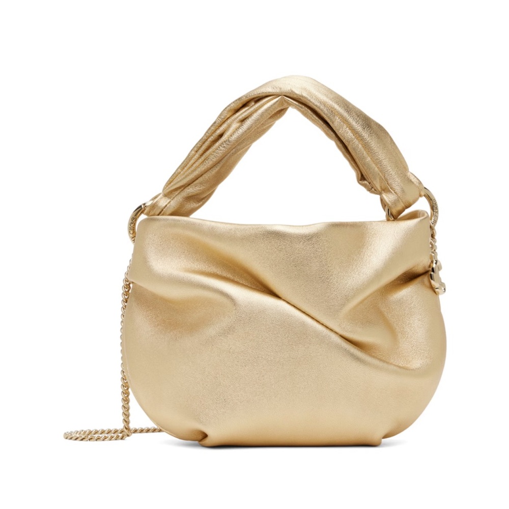 Jimmy Choo gold small clutch with soft leather and gold cross body strap